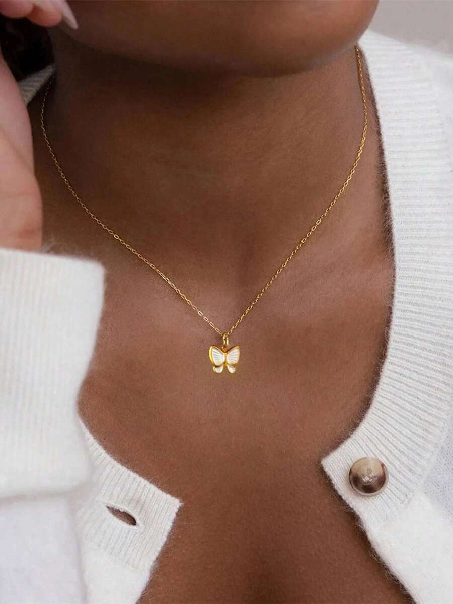 不锈钢防水不褪色可爱柔白滴油蝴蝶吊坠项链锁骨链，适合女士日常佩戴 - 金色 - 查看 1