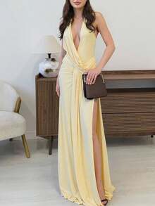 Women Solid Backless Spaghetti Strap Side Slit Deep V Neck Long Sexy Party Dress Evening Birthday Dress - Yellow - View 5