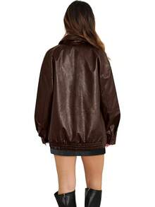 Womens Leather Jackets Faux Suede Oversized Fall Motorcycle Coats Fashion Winter Outfits Y2K Tops BPVW - 棕色 - 查看 10