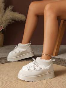 1 Pair Plus Size 36-42 Faux Fur Lined Warm Animal Quilted Punk Metal Eyelet Lace-Up Thick Sole Snow Boots, Outdoor/Holiday, Winter