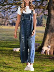 Womens Casual Denim Overalls Loose Fit Adjustable Strap Distressed Bib Jeans Jumpsuits With Pockets - 藏蓝色 - 查看 4