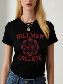 1pc Women's  Black Crew Neck T-Shirt - Hillman Technological College Graphic Print, Soft Stretch Fabric, Short Sleeve Casual Top For Spring Summer Fall, Machine Washable, Seasonal Wardrobe Staple, Bold Text Design, Breathable Tee, Printed Shirt, Casual Attire - 黑色 - 查看 1