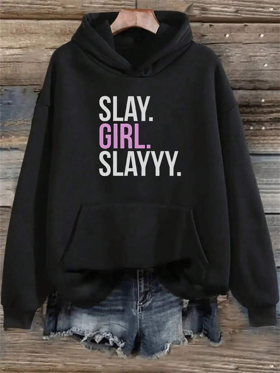 Popular Hoodies For Girls Women's SLAY SLAY Pattern Hoodie - Comfortable Pullover Sweatshirt With Front Pocket, Long Sleeve Casual Top, Medium Stretch Fabric, Machine Washable, Gray Daily Travel Style Roomy And Comfortable - 規格 - 查看 1