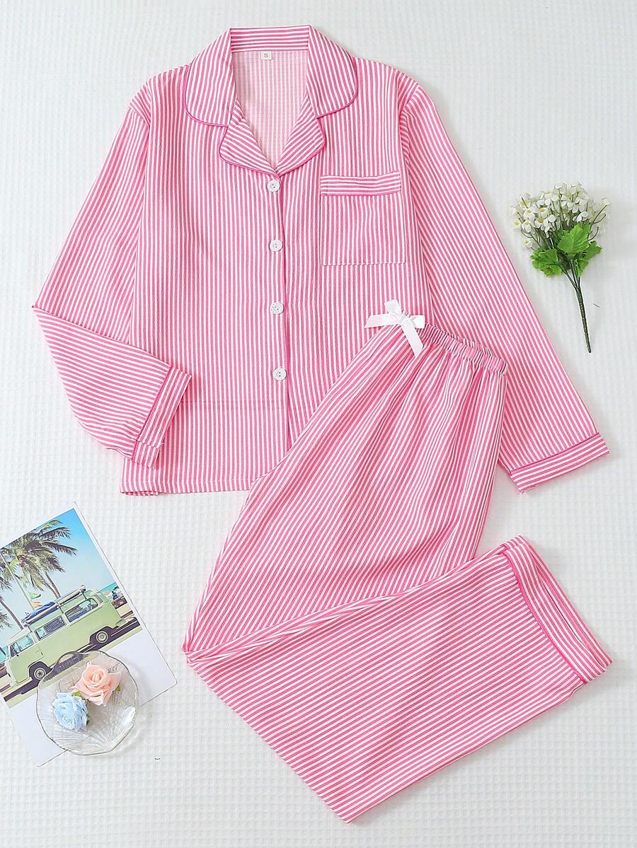 2 件女式蓝白条纹印花睡衣套装，长袖纽扣领上衣和裤子，休闲睡衣家居服，适合秋冬，秋季服装 - 粉色 - 查看 1