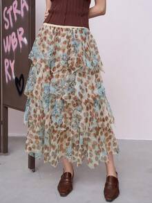 草莓涂鸦印花网眼不对称半身裙 - 彩色 - 查看 8