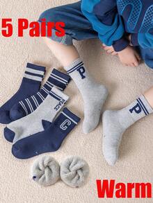 5 双儿童厚保暖袜，字母中筒袜，毛绒袜，男童女童运动袜，学生袜，幼儿保暖袜 - 彩色 - 查看 4