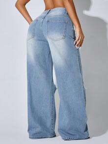 Low Waist Wide Leg Casual Blue Ripped Slanted Pocket Curved Women'S Jeans Rhinestone Embroidery - Blue - View 2