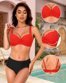 Women's Push Up Underwire Bikini Top - Padded Swimwear - Red - View 2