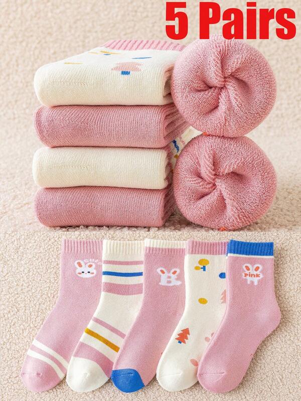 5 Pairs Thick Warm Winter Kids Socks, Cute Cartoon Floor Socks, Pink Rabbit Wool Pile Socks, Girls Mid-Calf Socks, Toddler & Children Socks