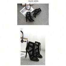 Nuevos zapatos de mujer de tacón alto sexy con tiras cruzadas de malla negra de moda de talla grande - Negro - Ver 5
