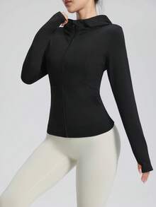 Damen Outdoor Lässig Sport Fitness Reißverschluss Langarm Kapuzenjacke mit Taschen und Daumenöffnungen