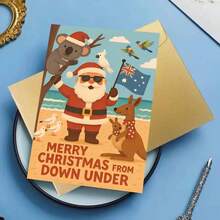 1pc Australian Christmas Card - Holiday Beach Scene With Santa, And Australian Animals - Envelope Style Holiday Greeting For Family, Friends And Colleagues - Perfect For Travel Enthusiasts And Summer Celebrations, Christmas Card | Cartoon Illustration | Paper Card, Christmas Card