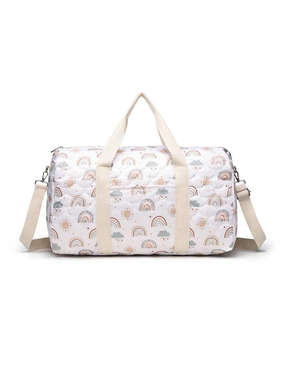 熊印花毛绒波士顿手提包 - 多功能大容量尿布和婴儿必需品收纳手提包，配有肩带，适合婴儿到青少年和成人