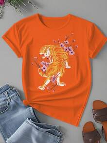 Women's Plus-Size Cherry Blossom Tiger Fashionable Casual Daily Shopping Loose T-Shirt - 橘色 - 查看 2