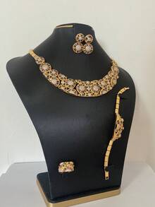 4件套奢华蓝色锆石首饰套装，项链，耳环，戒指，手链，新娘礼服，婚礼，迪拜，中东阿拉伯晚礼服 - 銀色 - 查看 3