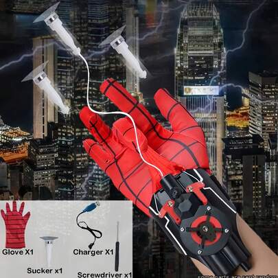 3 Meters Range Spider Web Blaster Glove Set (Includes USB Cable, Screwdriver) - Superhero Roleplay Toy, Rechargeable Wrist-Mounted Auto-Extending, Suitable For Halloween, Anime Conventions, Costume Parties (Red/Blue)