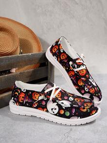 Round Toe Contrast Color Slip-On Halloween Ghost Pumpkin Bat Funny Element Fashion Versatile Lightweight Party Women Cartoon Canvas Shoes - Multicolor - View 3