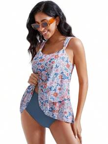 High Waisted Ruffle Tankini Swimsuit Plus Size Tummy Control - Blue Orange Printed - View 7