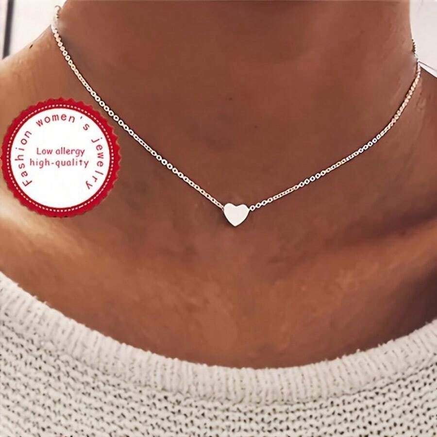 2 Small Heart-Shaped Pendant Necklaces, Made Of Pure Chain And Hypoallergenic, Simple And Cute, Suitable For Daily Wear, Valentine's Day Parties, Weddings, Women's Jewelry, Gifts - bạc màu - Xem 1