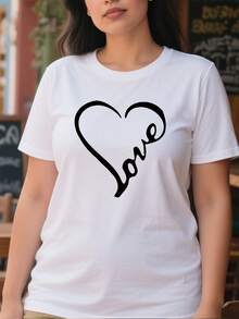 Camiseta Tops casuales de mujer con estampado corazón y love 220 g de algodón puro grueso y cómodo - Blanco - Ver 2