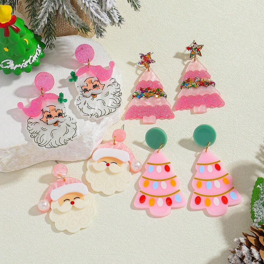 1 par de brincos fofos para o feriado, brincos pendurados de acrílico de Natal com Papai Noel de desenho animado, designs de árvores de Natal, adequados para mulheres casuais, festas, ocasiões natalinas - Multicolorido - Ver 1