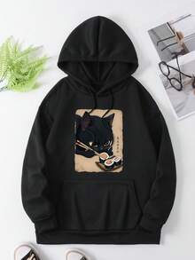 大码女式日常黑色猫咪图案寿司元素日式文字图案连帽长袖休闲春夏秋季女式大码长袖卫衣感恩节外出上衣女式度假装女式 - 黑色 - 查看 6