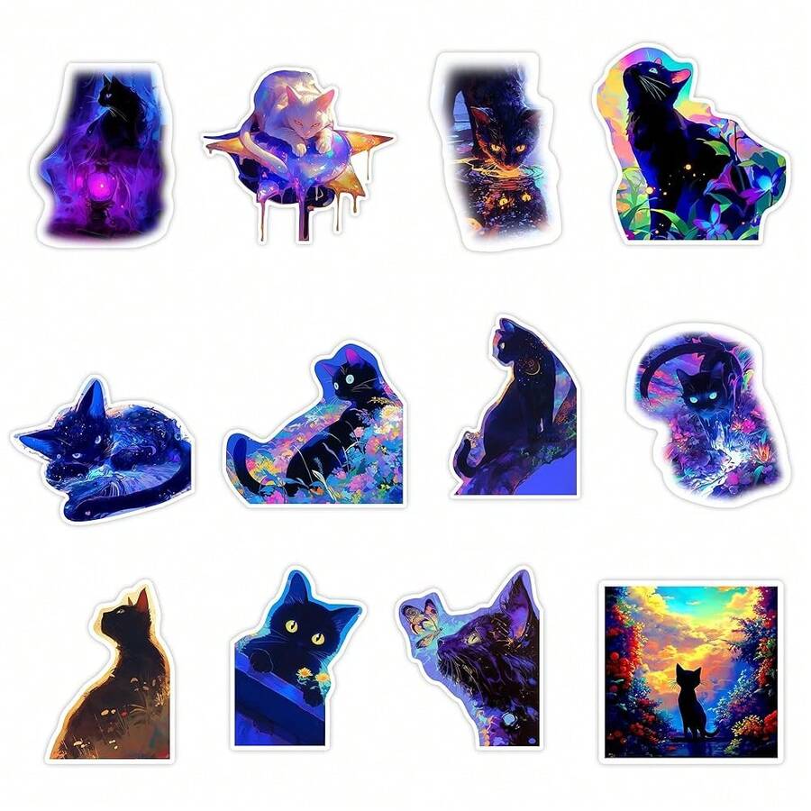Colorful Space Galaxy Cat Accessories Decoration Fridge Magnet(12 Pack) Fun Tie Dye Merch Party Supplies Accessory Gifts Cruise Door Room Decor Bumper Cabinets Sticker Decal Reusable - 彩色貓 - 查看 1