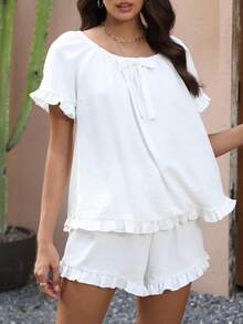 Women's Summer Lounge Set Short Sleeve Scoop Neck Ruffle Trim Tops Shorts Sleepwear - Ivory - View 1