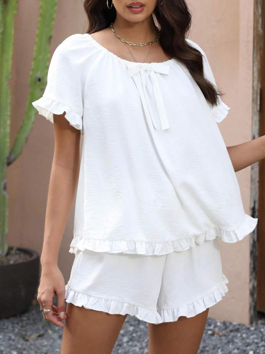 Women's Summer Lounge Set Short Sleeve Scoop Neck Ruffle Trim Tops Shorts Sleepwear - Ivory - View 1