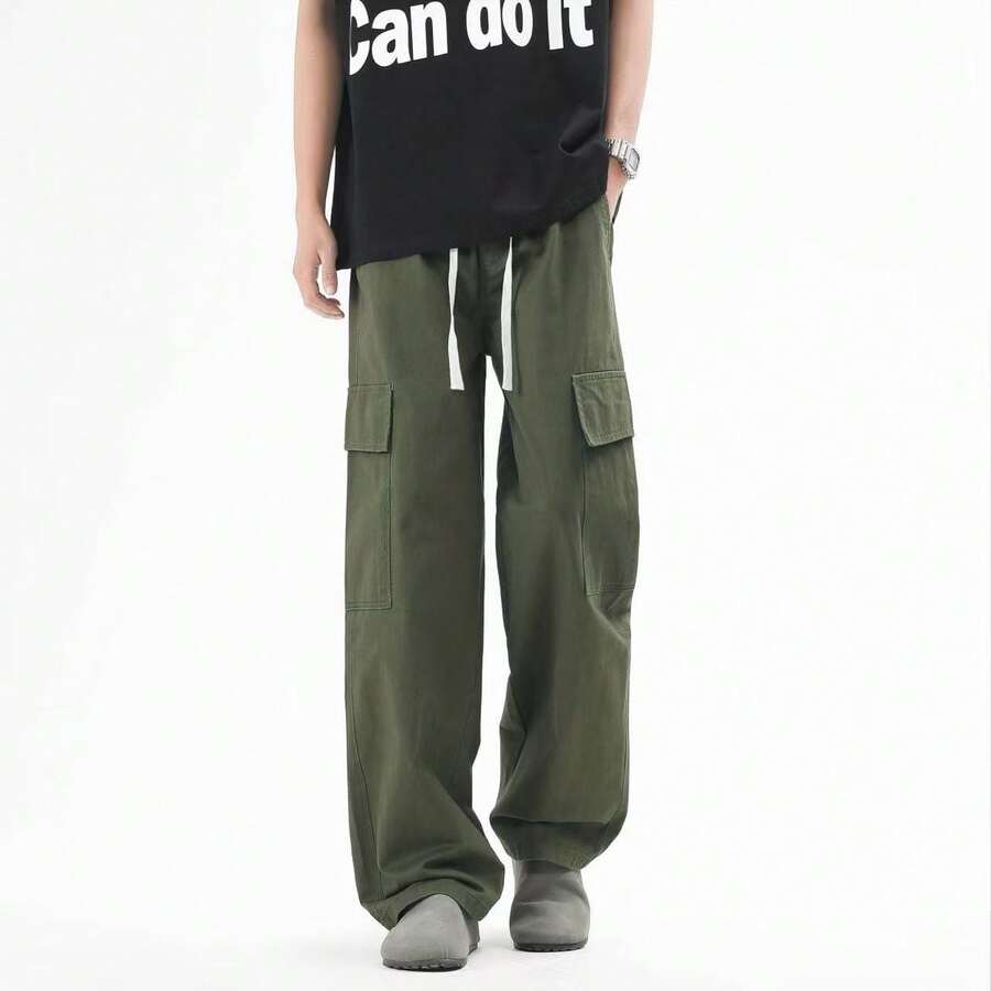 Khaki, Black, Beige Skate Twill Cargo Pants With Elastic - 軍綠色 - 查看 1
