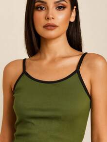 Basic Casual Polyester Sports And Fitness Ribbed Thin Strap Tank Top - 軍綠色和黑色 - 查看 2