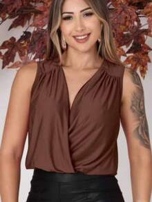 Cropped Women's Blouse Fluist Polyamide Fabric Tank Top Simple Knitted Fabric V-Neck Piece Crossed Casual Holiday Daily Bachelorette Party Travel Summer - 鏽棕色 - 查看 4