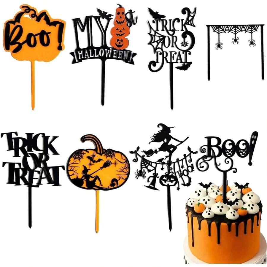 8pcs Halloween Cake Topper Acrylic Pumpkin Bat Ghost Decor Halloween Birthday Party Decor Supplies - Multicolor - View 1