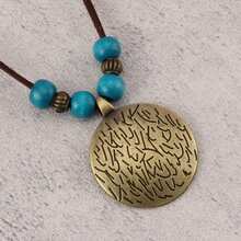 1pc Vintage Wooden Bead & Geometric Metal Chain Necklace, Long Sweater Chain For Women - Blue Wooden Beads + Bronze Zodiac Plaques - View 5