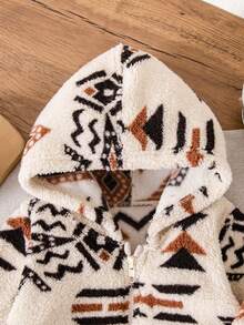 Baby Boy Jacquard Apricot Fuzzy Hooded Zip-Up Jacket, Fashionable