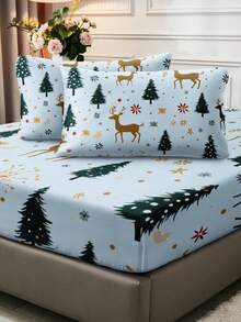 3pcs Polyester Digital Printing Christmas-Themed Bed Sheet Three Pieces Set With Blue Base, Christmas Tree & Cute Reindeer Patterns (1 Fitted Sheet + 2 Pillowcases, No Filling Included), Perfect For Room Decoration, Christmas Home Decor, And A Lovely Christmas Gift,Christmas Bedding