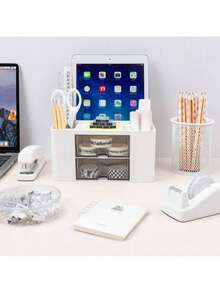 Desk Organizer With 2 Drawer, Plastic Desktop Pen Pencil Card Holder Storage Box For Files, Stationeries, Makeups, Lipsticks, Brushes, Lotions, Eye Shadows, Nail Polishes And Jewelries, For Desk, Bathroom, Vanity, For Valentine's Day Christmas Exquisite Small Gifts - 白色 - 查看 12