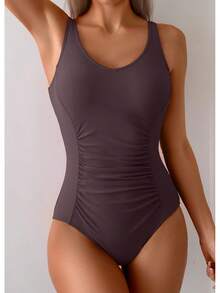 Tummy Control One Piece Swimsuit With Ruched Design - 紅棕色 - 查看 7