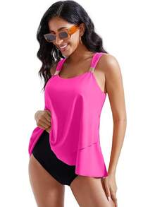 High Waisted Ruffle Tankini Swimsuit Plus Size Tummy Control - Rose Pink - 查看 11