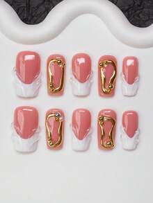 10pcs Square Shaped Handmade Nail Tips, Y2K Baddie Style, Nude & White Color With French Tips, Steel Beads, Asymmetrical Liquid Metal Element Design, Handcrafted Nail Decor Suitable For Women & Girls, Party, Dance, Daily Wear, Includes Tool Kit, Great Gift For Ladies