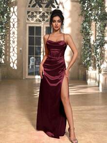 Women's Elegant Chestnut Satin Spaghetti Strap Ruched Decor Back Tie Slit Dress, Suitable For Banquet, Party, Wedding Bridesmaid