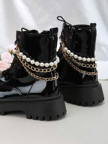 2pcs Detachable DIY Boot Decorations, Fashionable Rock Style 3-Layer Large Faux Pearl Chain Decor, Cool Accessories Chain For DIY Decoration, Party Outfit, Unisex Boots Accessories - Gold - View 6