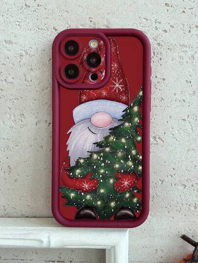 1 pezzo Custodia protettiva per telefono compatibile con 11 Pro Max/12 Pro Max/13 Pro Max/14 Pro Max/15 Pro Max/16 Plus/16 Pro Max, Galaxy A55/A15/S24 Ultra, Redmi, OPPO/Realme, VIVO, Infinix, Honor, One Plus, con motivo di Babbo Natale che tiene un albero di Natale, spessa e antiurto, colore bordeaux