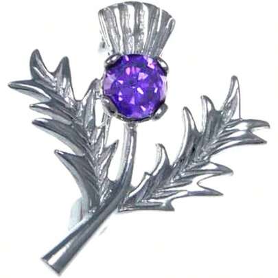 Womens Small 925 Sterling Silver Scottish Thistle Brooch Pin With Real Amethyst Stone Jewellery Box - Scottish Women