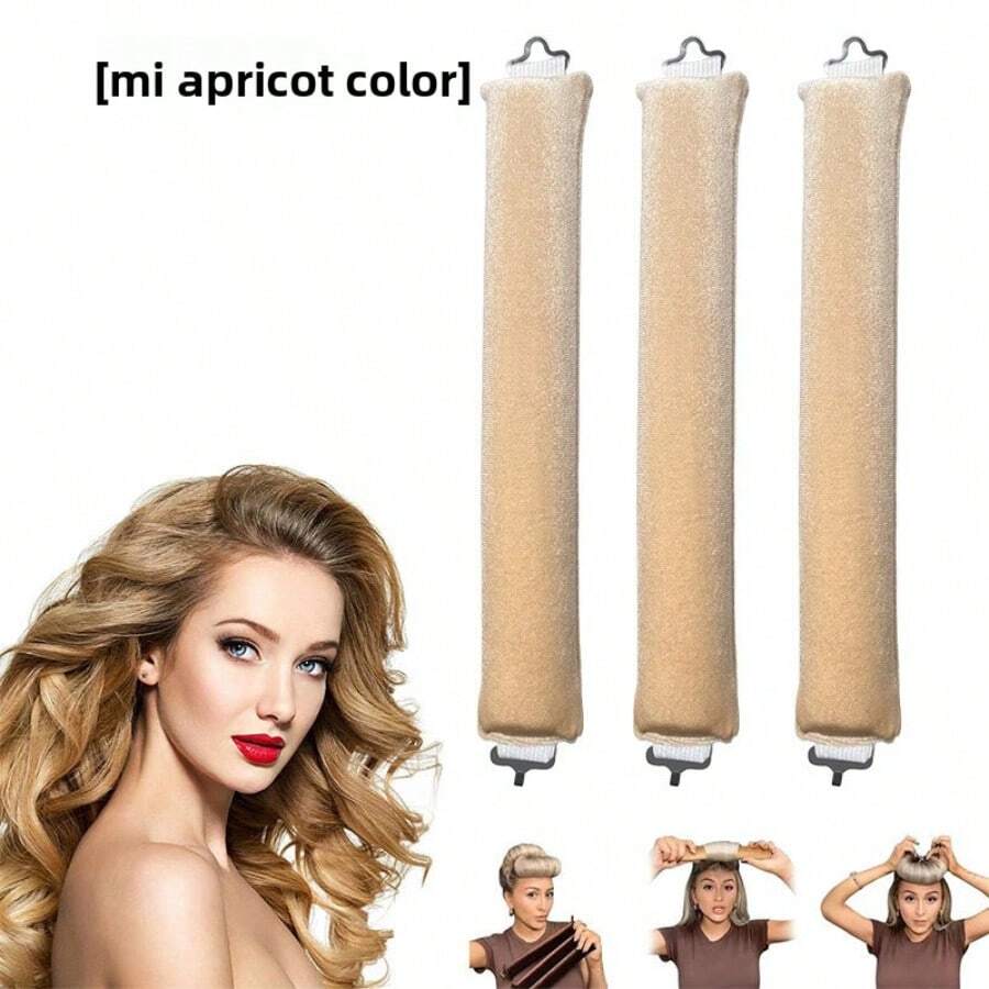 三件套卷发器套装，缎面无热卷发器套装，包含卷发棒、头带卷发器和电卷发器，可睡眠时使用，高回弹橡胶填充，柔软舒适，美发工具，美发用品，旅行必备，旅行，理发师，发型师，理发师配件，情人节礼物，美发用品，发型师，理发店，沙龙，度假必备，美发产品，理发店，情人节礼物，女士旅行必备，发型师工具 - 杏色 - 查看 1