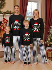 Conjunto de pijama navideño familiar a juego, con estampado de letras, pantalones a cuadros, pijamas navideños, pijamas familiares festivos. - Colores mixtos - Ver 4