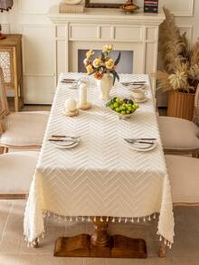 1pc Minimalist Beige Tablecloth, 3D Geometric Wavy Cutout Design With Beige Floral Lace Trim, Washable, Suitable For Dining Table, Dresser, Home Decor, Parties, Holidays, Hotels, Indoor & Outdoor Use, Autumn/Winter