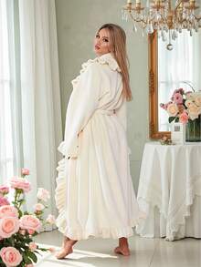 2pcs Women's Super Soft Ruffle Hem Thick Fleece Robe, Ruffle Hem Fashion Robe With Side Pockets, Warm Long Bathrobe, Plush SPA Robe, Loungewear, Sleepwear - Multicolor - View 7