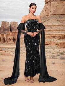 Women's Strapless Heavily Beaded & Embellished Velvet Mermaid Maxi Dress, Elegant Long Formal Gown For Multiple Occasions - Black - View 1