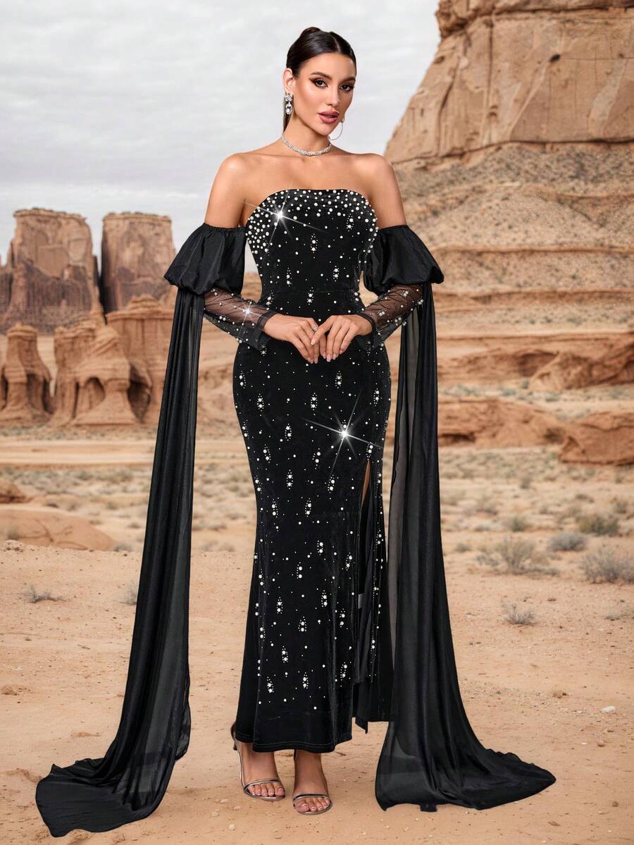 Women's Strapless Heavily Beaded & Embellished Velvet Mermaid Maxi Dress, Elegant Long Formal Gown For Multiple Occasions - Black - View 1
